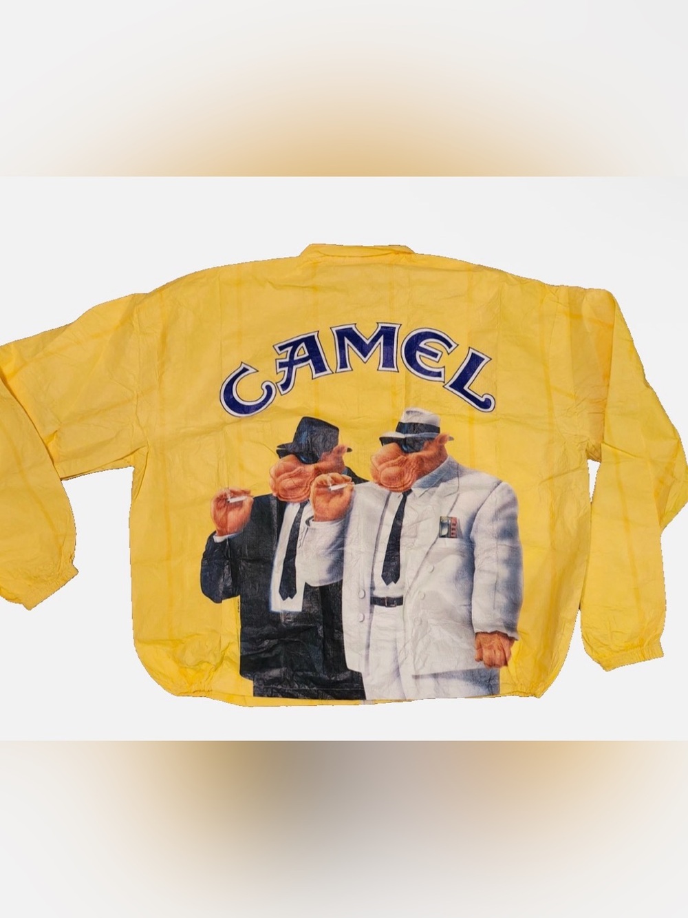 Vintage Camel Cigarettes Tyvek Jacket XL Yellow Joe Camel Full Zip Windbreaker